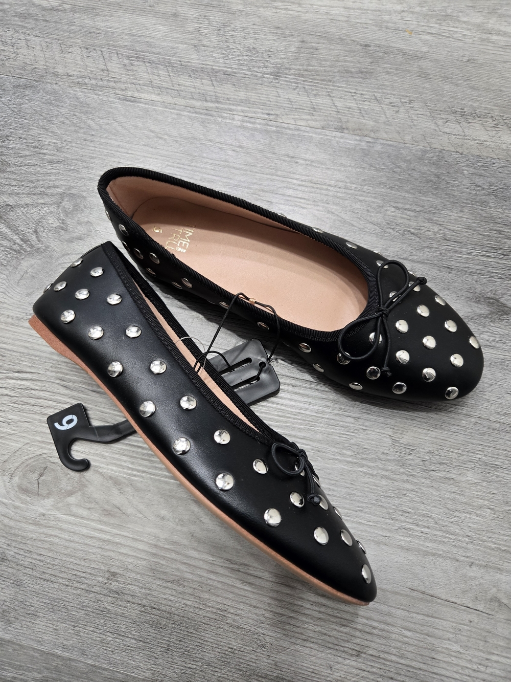 Time and Tru Black Studded Ballet Flats with Bow